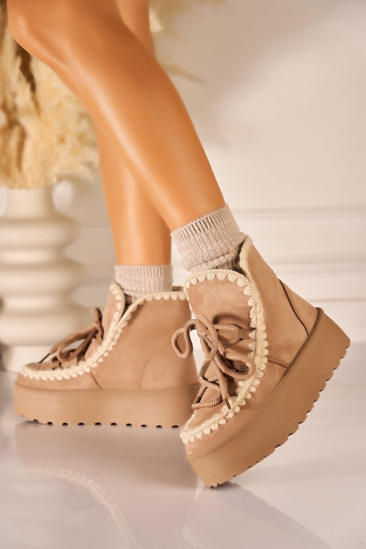 Cizme Dama Imblanite Kaki din Piele Ecologica Intoarsa Parvaty