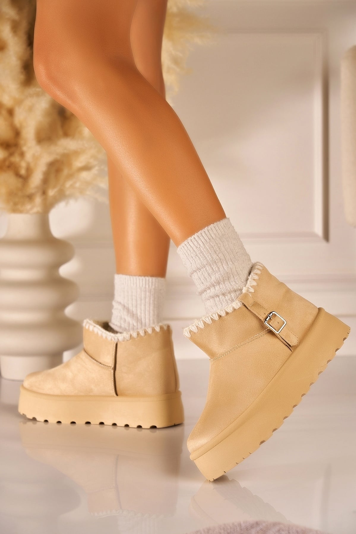 Cizme Dama Imblanite Bej din Piele Ecologica Intoarsa Arilynn