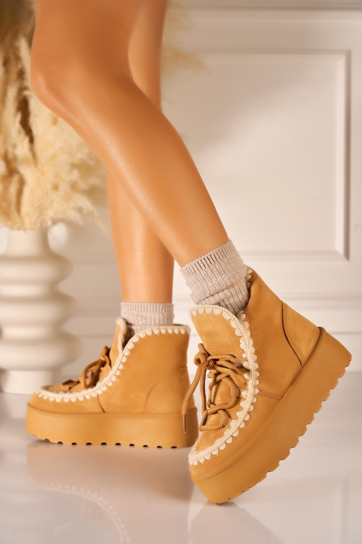 Cizme Dama Imblanite Camel din Piele Ecologica Intoarsa Parvaty