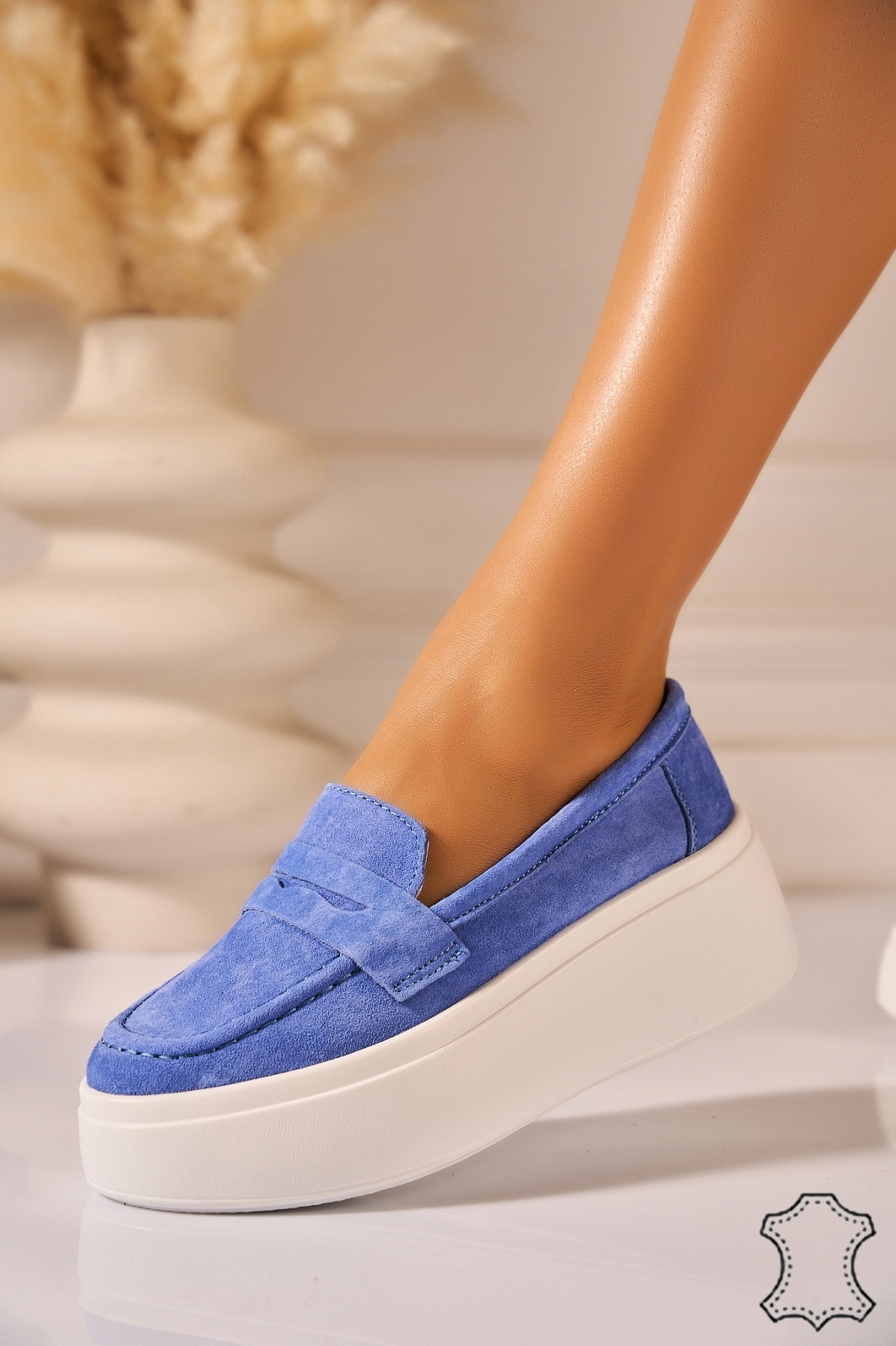 Mocasini dama Piele Naturala Intoarsa Albastri Evenia