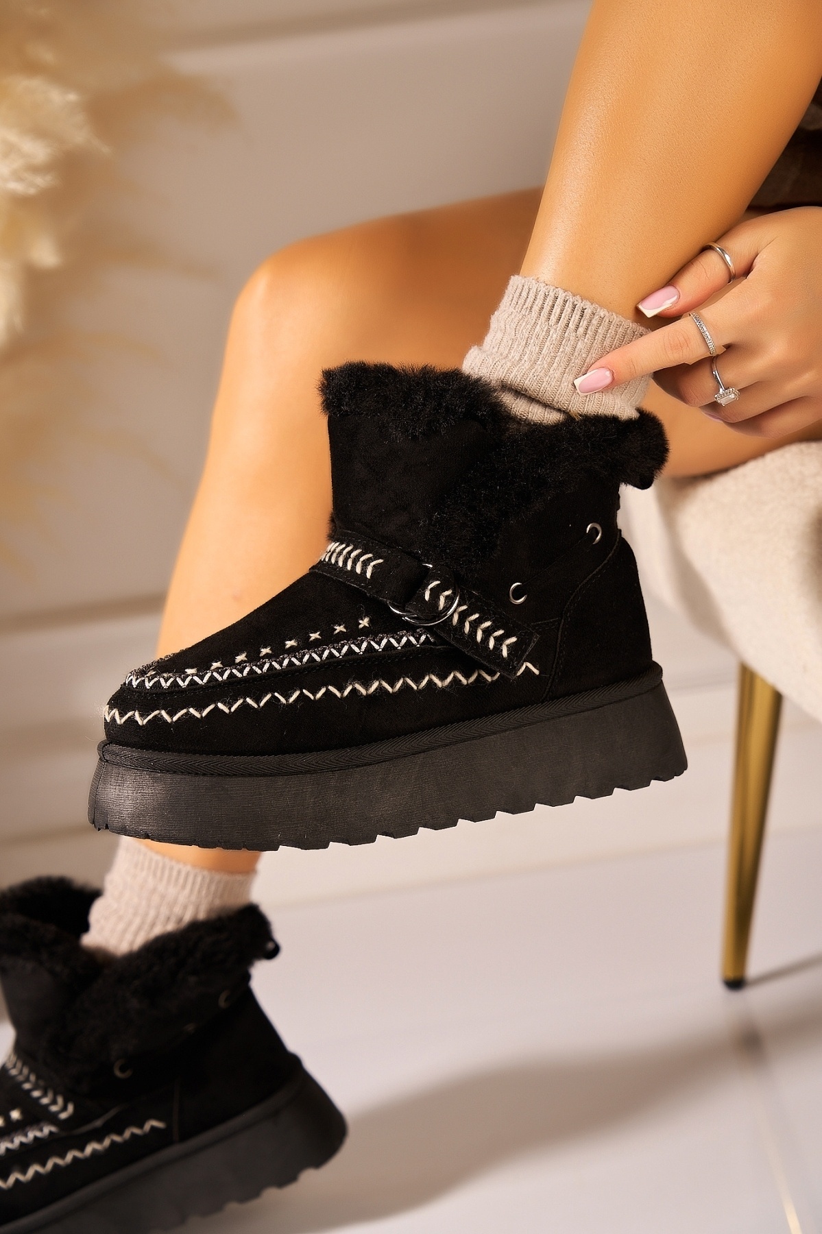 Cizme Dama Imblanite Negre din Piele Ecologica Intoarsa Cherri