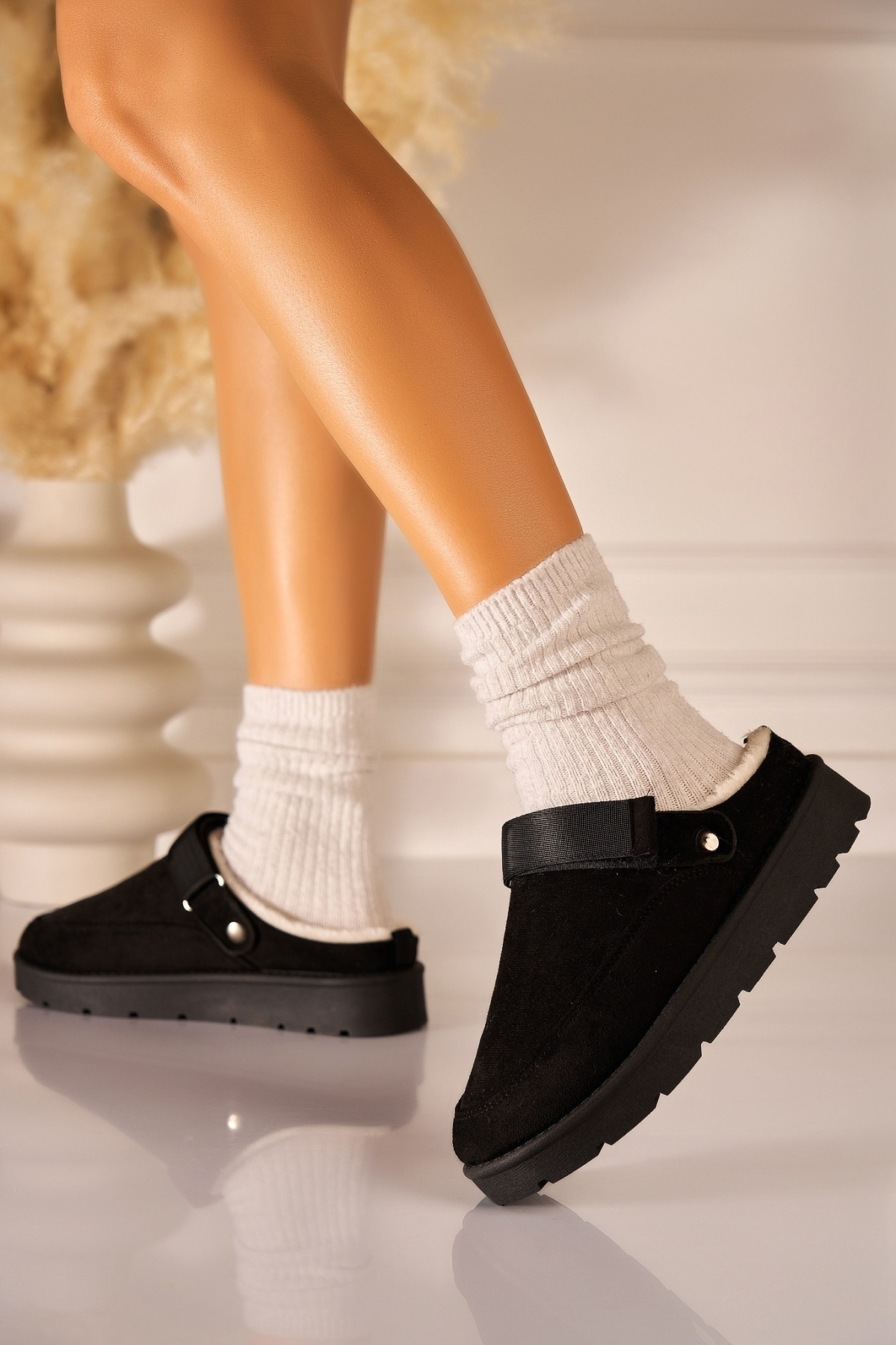 Papuci Îmblăniți Piele Ecologica Intoarsa Negri Gursey