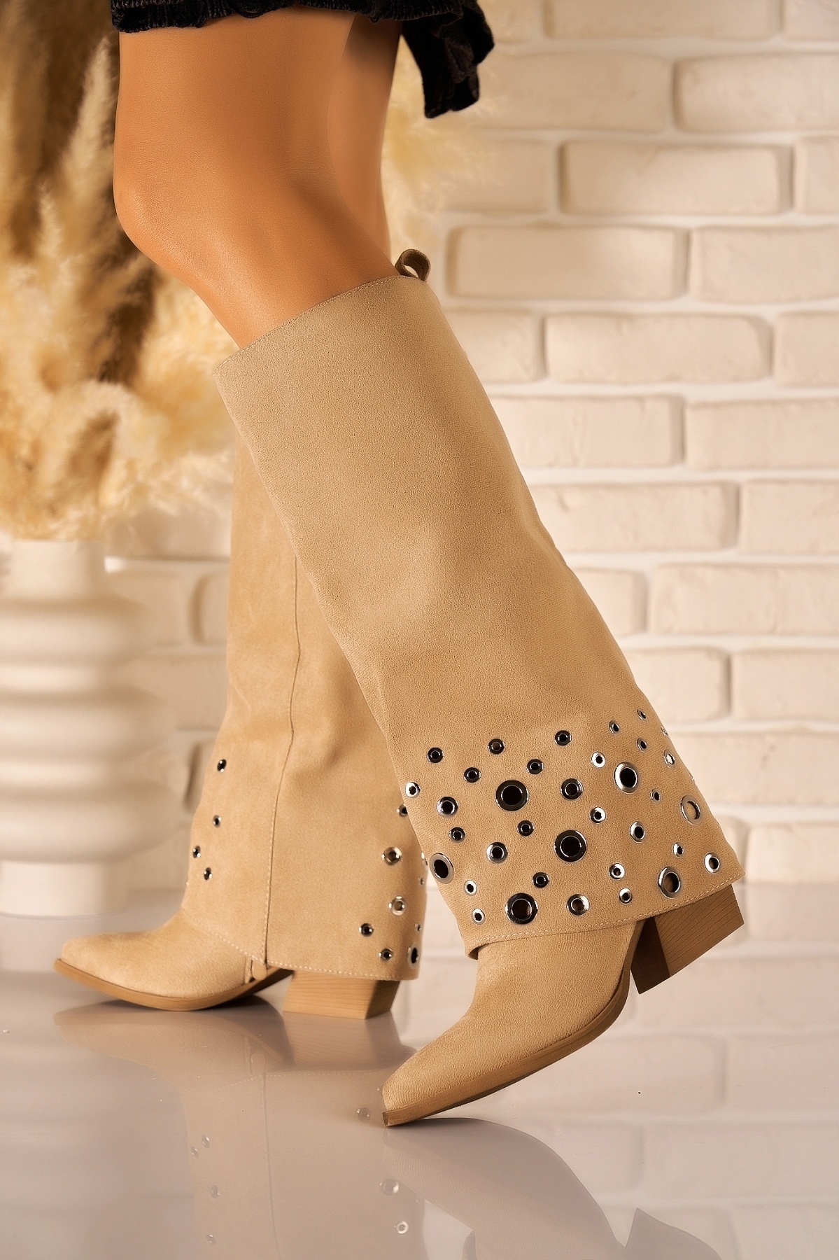 Cizme cu toc Piele Ecologica Intoarsa Kaki Lareen