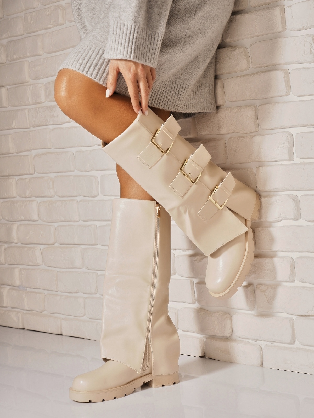 Cizme Dama Imblanite Bej din Piele Ecologica Emmy