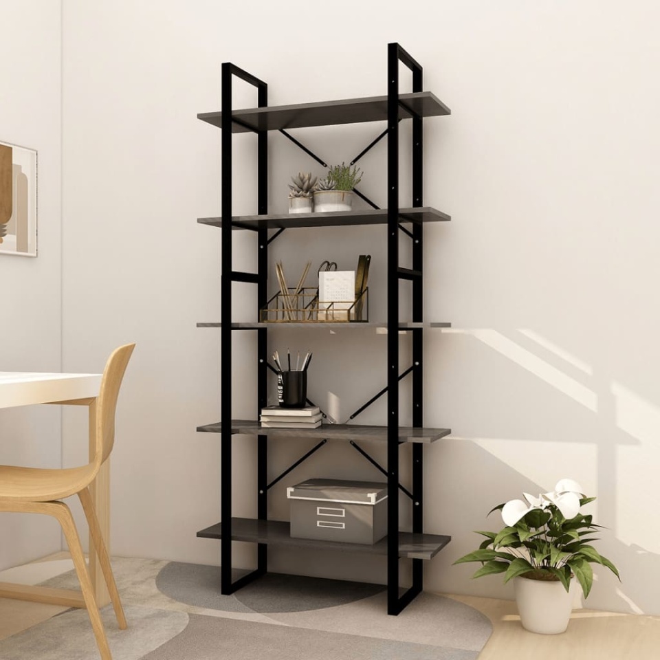 Biblioteca cu 5 rafturi, gri, 80x30x175 cm, lemn de pin