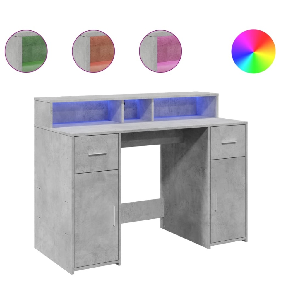 Birou cu lumini LED, gri beton, 120x55x91 cm, lemn prelucrat - 1 | YEO