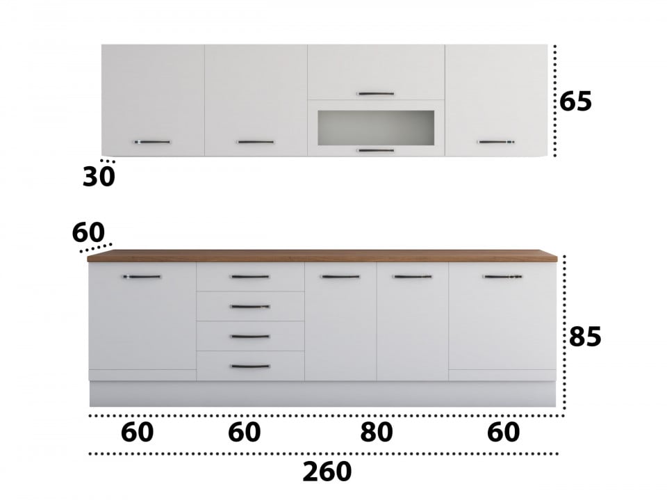 Bucatarie Alfa 260, Cu vitrina, Alb, Blat termic nuc