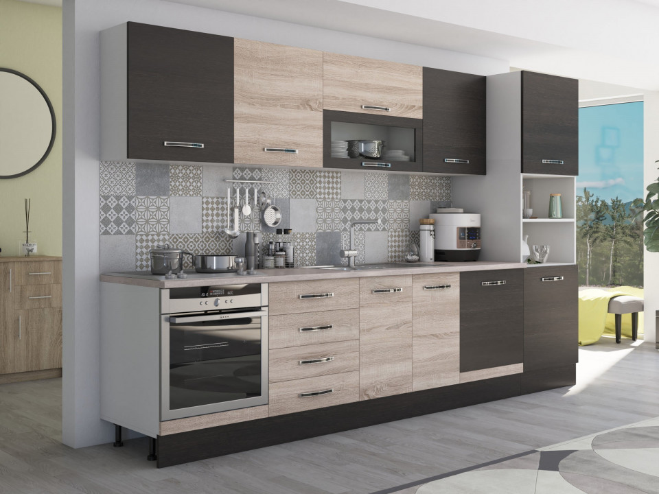 Bucatarie Alfa 320, sonoma/wenge, blat termic travertin, corp pentru cuptor incorporabil - 3 | YEO