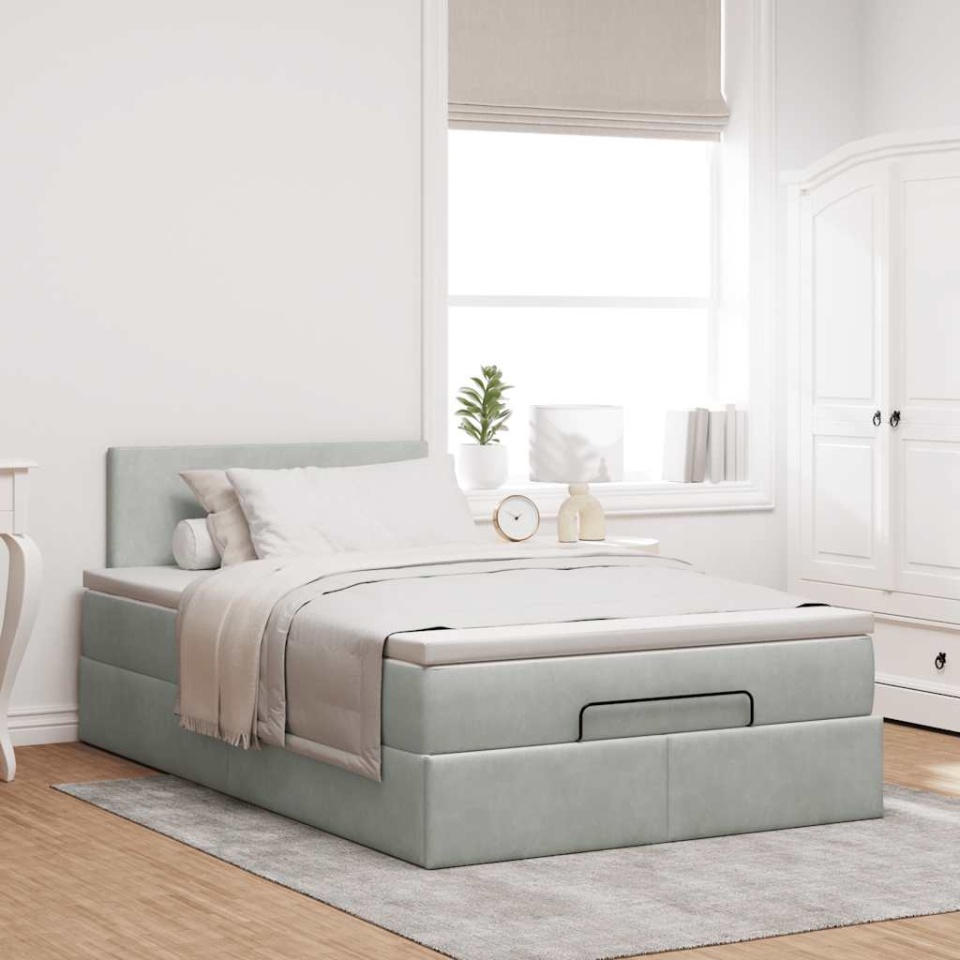 Cadru de pat otoman cu saltea Gri deschis 120x200cm catifea - 2 | YEO