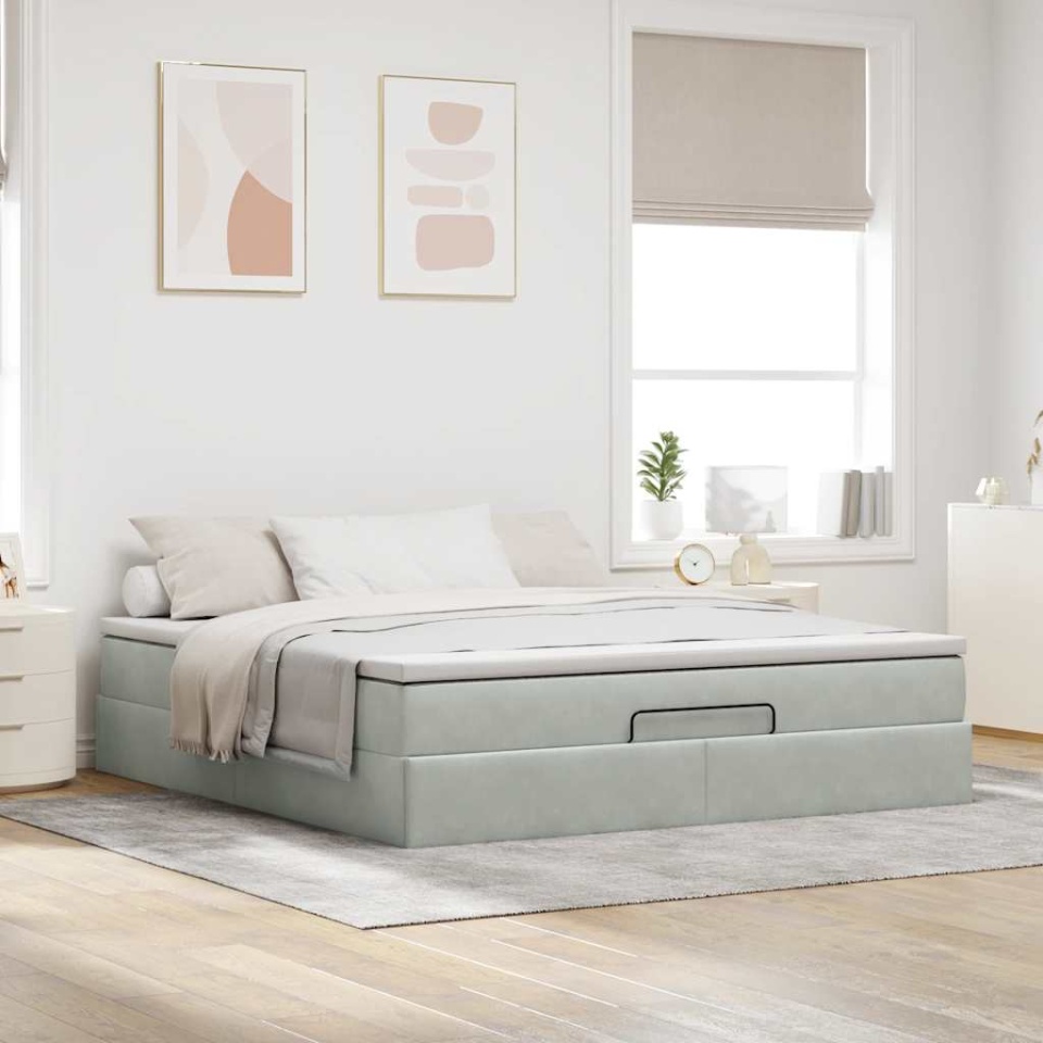 Cadru de pat otoman cu saltea Gri deschis 160x200cm catifea - 2 | YEO