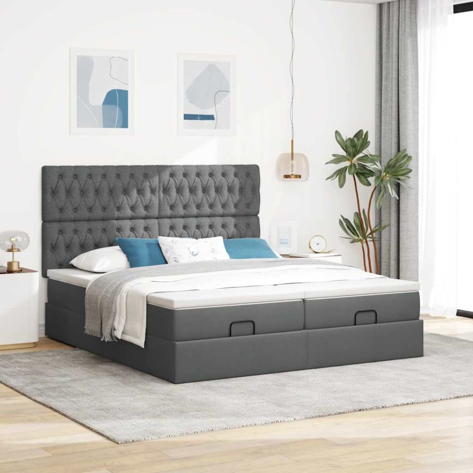 Cadru de pat otoman cu saltele Gri închis 180x200cm țesătură - 2 | YEO