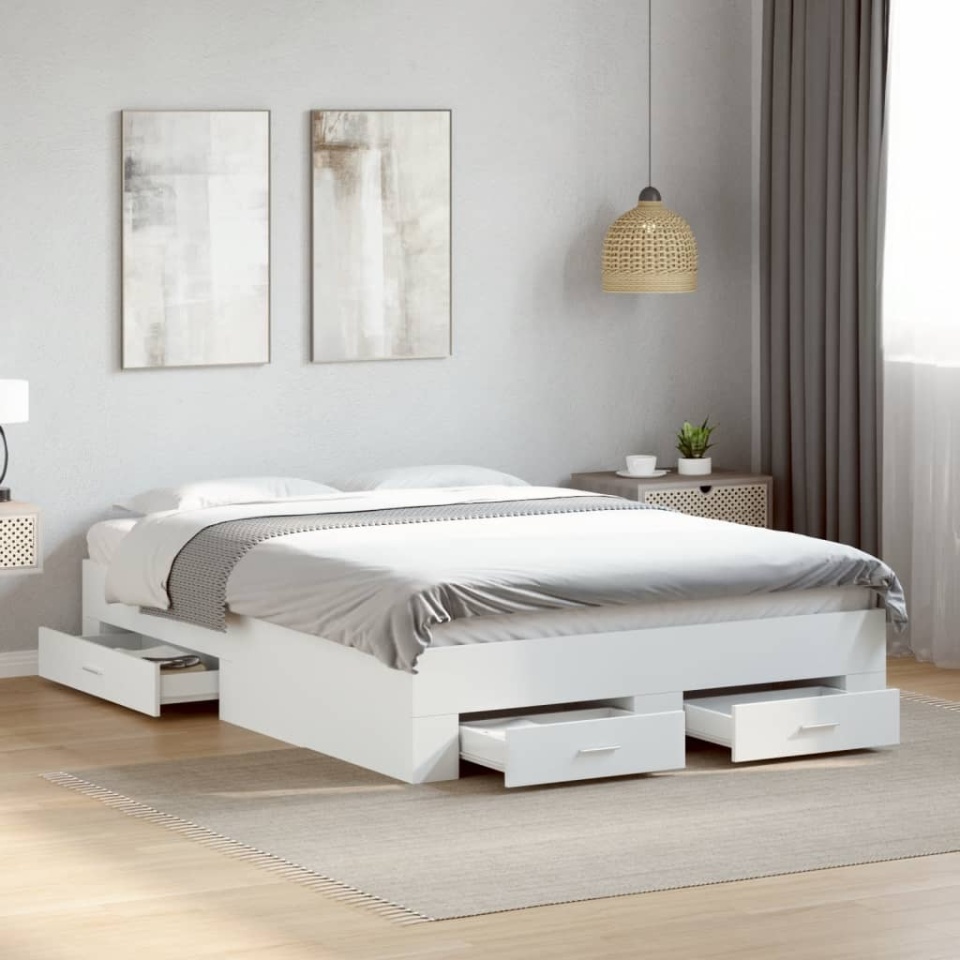 Cadru pat cu sertare alb extralucios 140x190 cm, lemn prelucrat