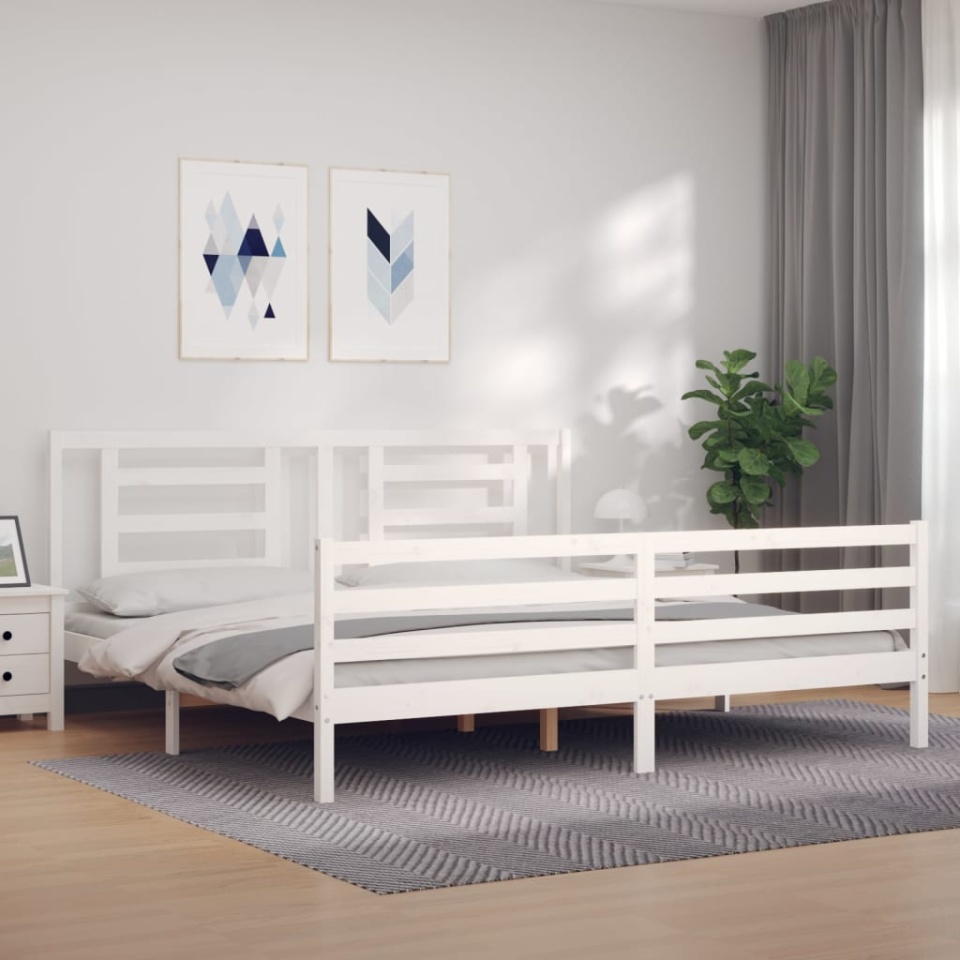 Cadru pat cu tăblie 200x200 cm, alb, lemn masiv