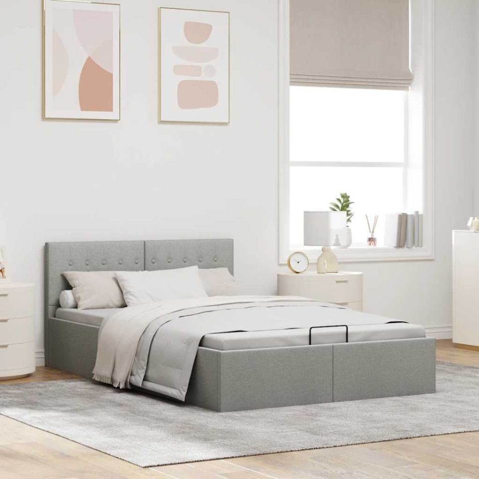 Cadru pat hidraulic depozitare gri deschis 140x200cm textil - 2 | YEO