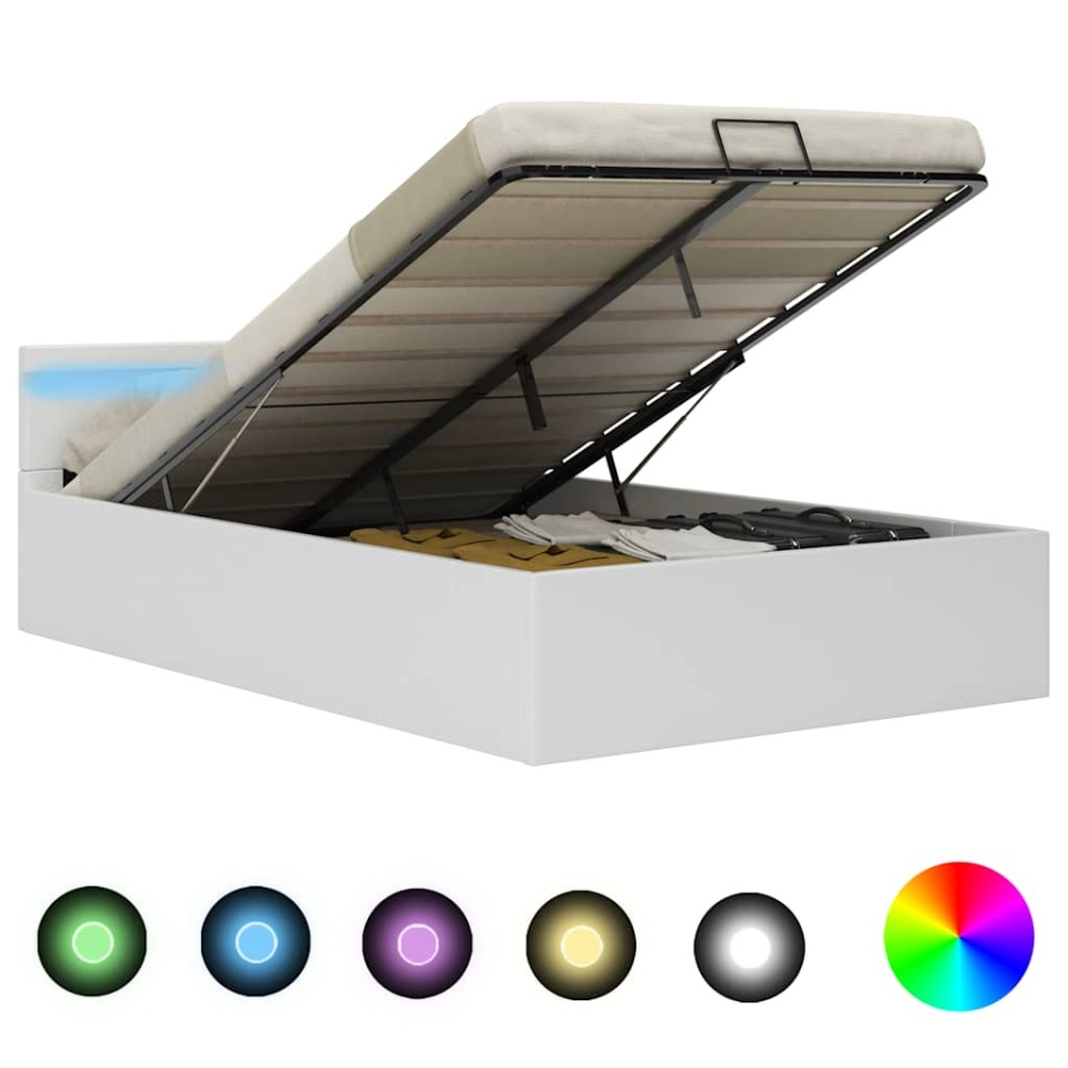 Cadru pat hidraulic ladă cu LED alb 140x200 cm piele ecologică