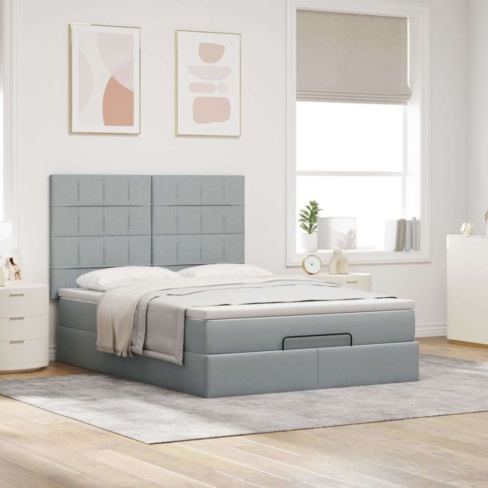 Cadru pat otoman cu saltea țesătură gri deschis 140x200cm - 2 | YEO