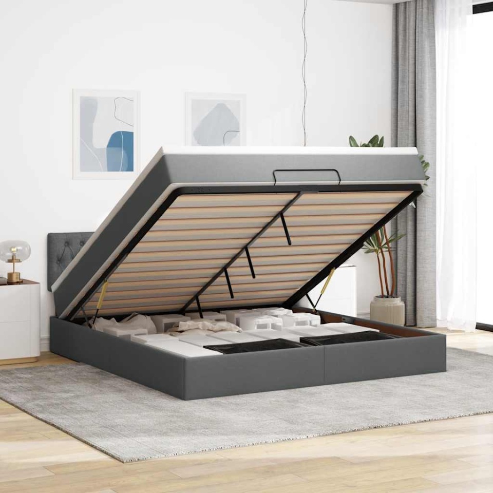 Cadru pat otoman cu saltea țesătură gri închis 180x200 cm