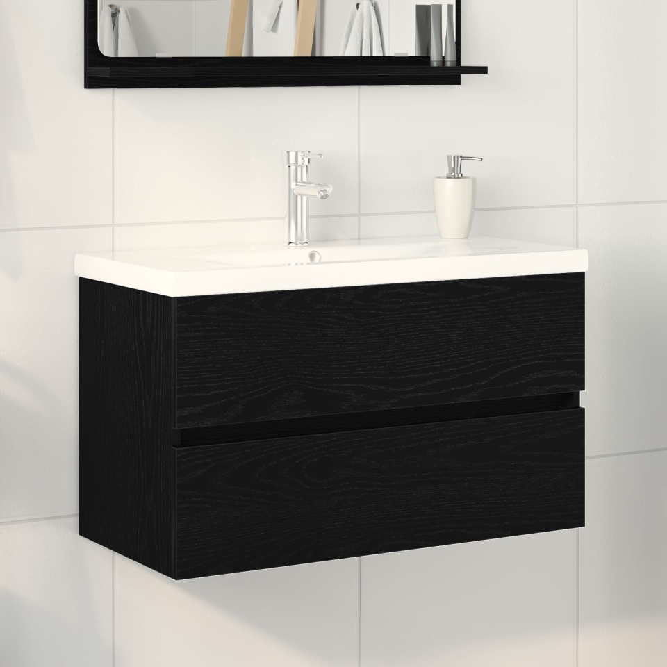 Dulap pentru Chiuvetă cu Bătaie Inclusă Stejar Negru Lemn Ingineresc, Dulap pentru Chiuvetă Stejar Negru 80x38.5x45 cm Lemn Ingineresc