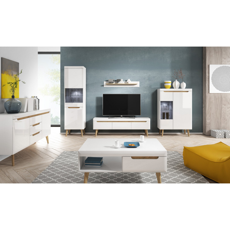 Dulap TV Scandi SC01 alb - lucios - stejar Riviera 160 cm 3S - 3 | YEO