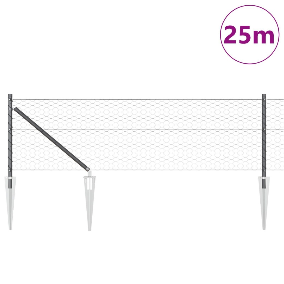 Gard Hexagonal Gri 0.6x25 m Oțel, Stâlpi de Gard cu Vârf 13 buc Ø32 mm 80 cm Oțel Galvanizat - 2 | YEO