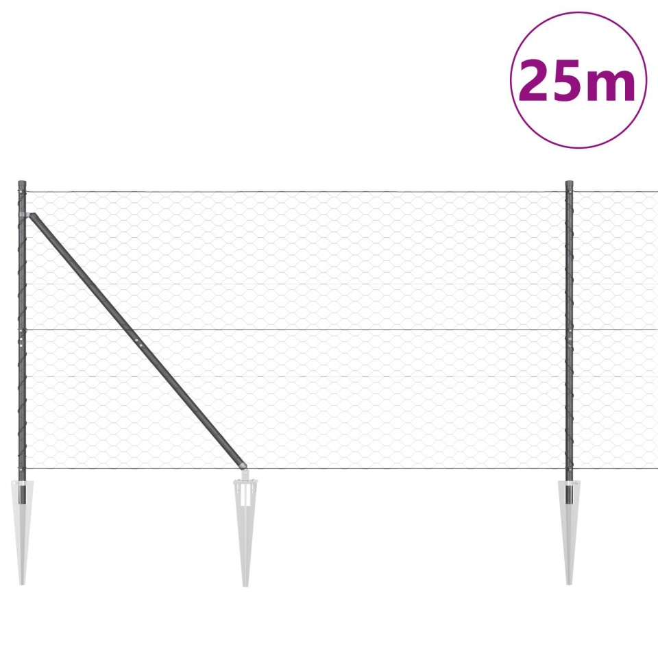 Gard Hexagonal Gri 1.4x25 m Oțel, Stâlpi de Gard cu Spike 13 buc Ø32 mm 160 cm Oțel Zincat