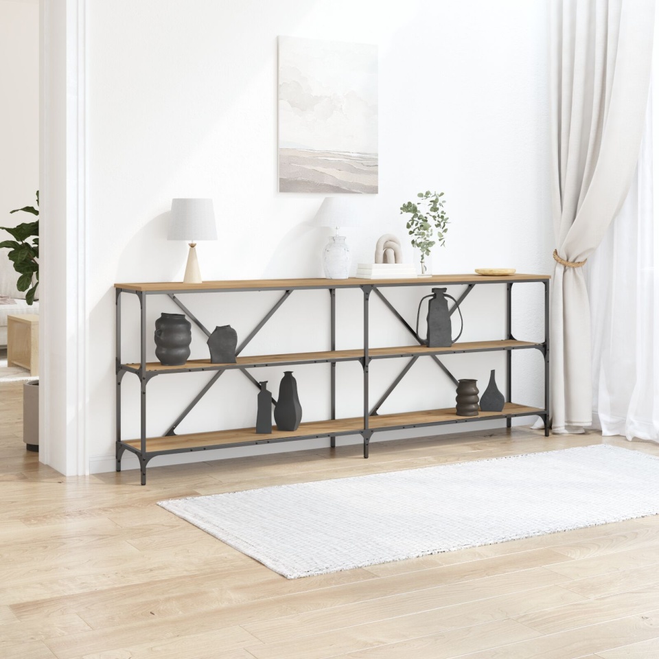 Masă de Consolă Stejar Artisan 200x30x75 cm Lemn Multistrat și Oțel