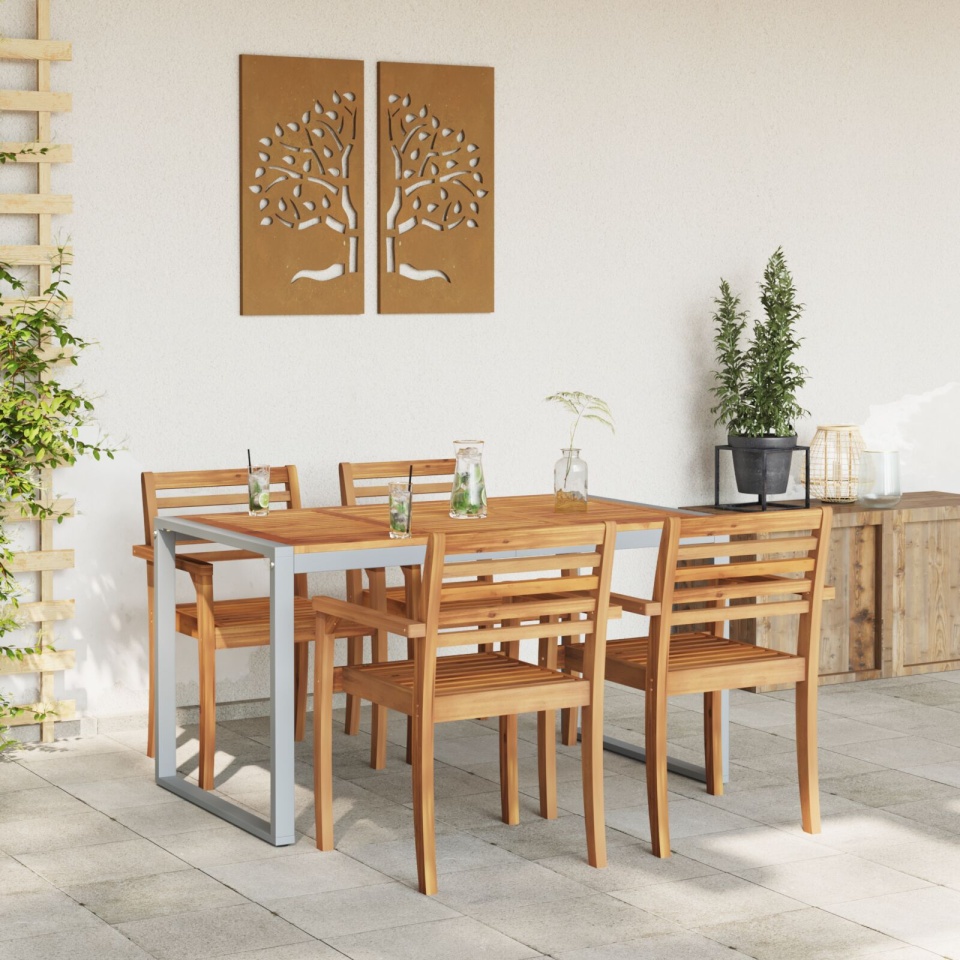 Masă de dining exterior Gri 140x80x75 cm Oțel și Lemn Masiv de Acacia - 2 | YEO