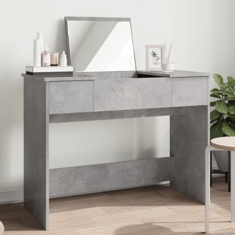 Masă de toaletă cu oglindă, gri beton, 100x45x76 cm