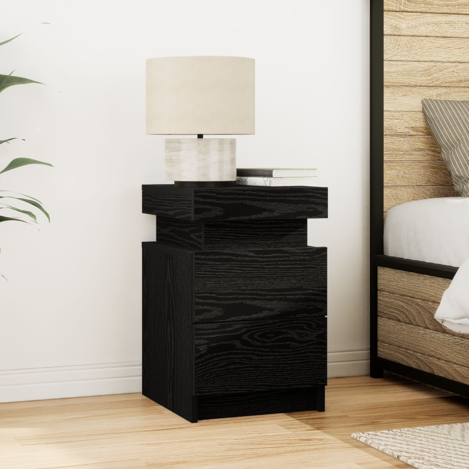 Noptieră cu lumini LED 2 buc Negru Stejar 35x39x55 cm - 3 | YEO