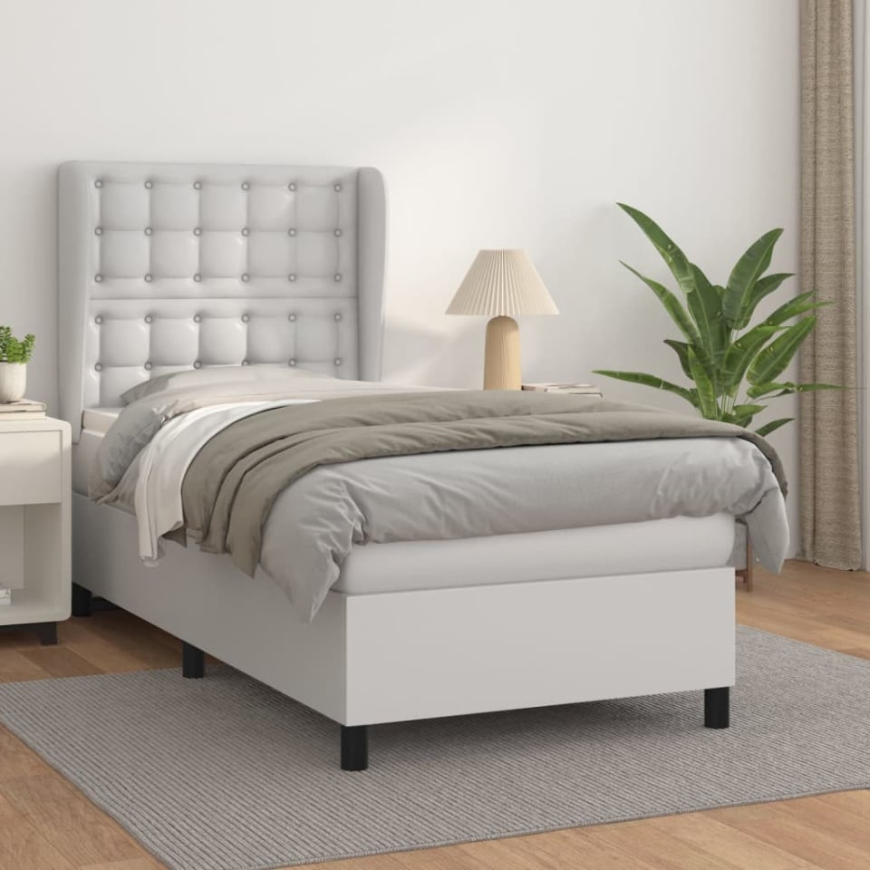 Pat box spring cu saltea, alb, 90x200 cm, piele ecologică