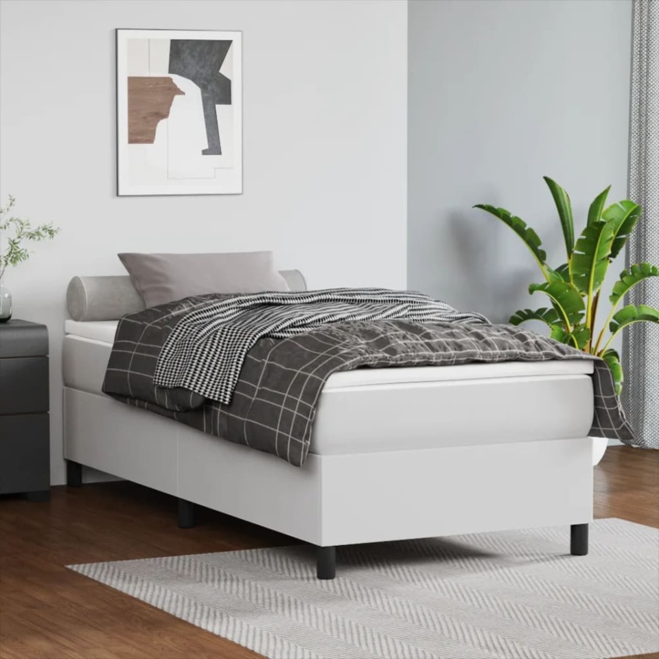 Pat box spring cu saltea, alb, 90x200 cm, piele ecologică