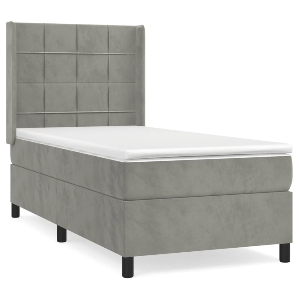 Pat box spring cu saltea, gri deschis, 90x190 cm, catifea - 1 | YEO