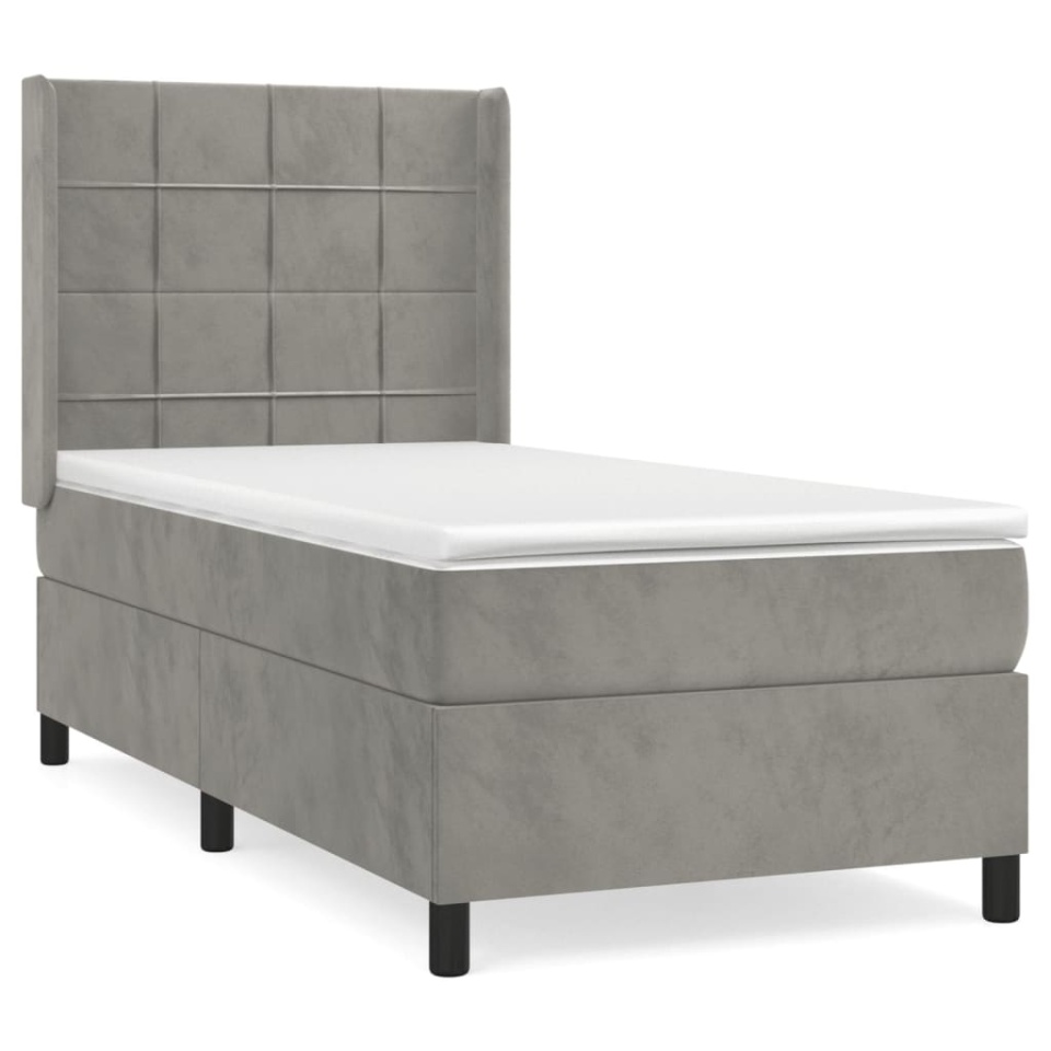 Pat box spring cu saltea, gri deschis, 90x200 cm, catifea - 1 | YEO