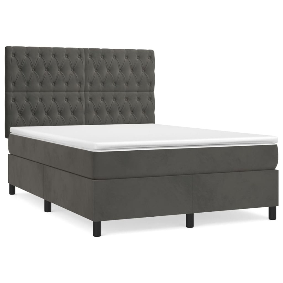 Pat box spring cu saltea, gri închis, 140x190 cm, catifea - 1 | YEO