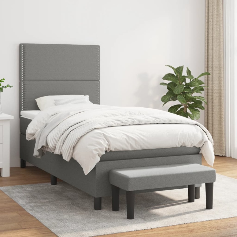 Pat box spring cu saltea, gri închis, 90x190 cm, textil