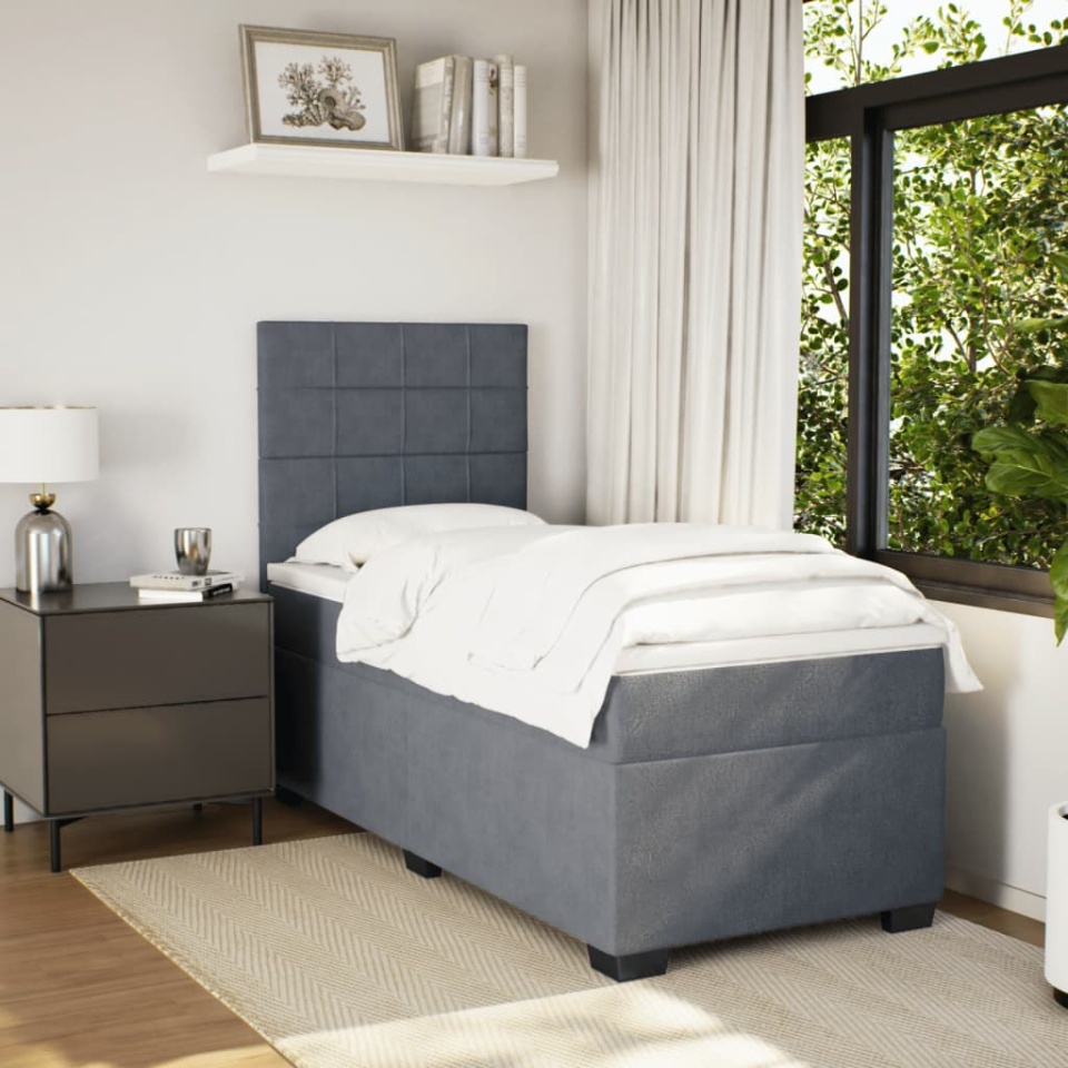 Pat box spring cu saltea, gri închis, 90x200 cm, catifea - 2 | YEO