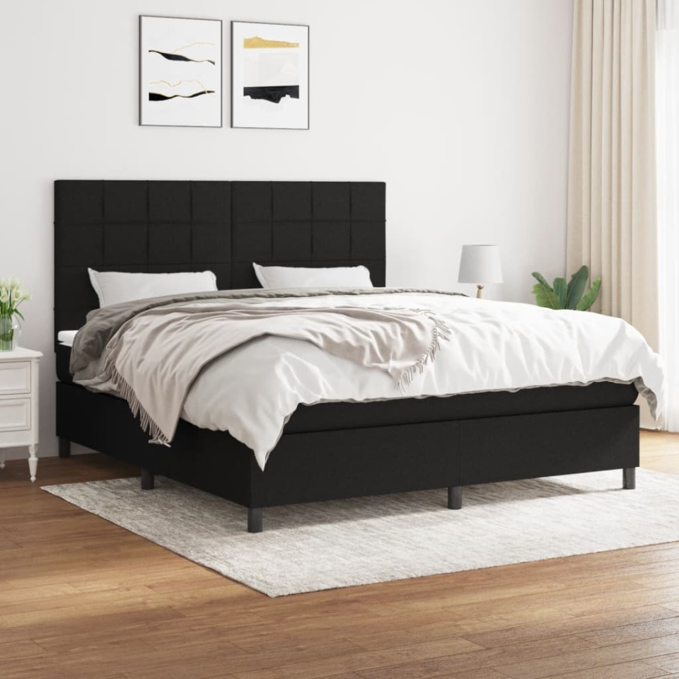 Pat box spring cu saltea, negru, 160x200 cm, textil