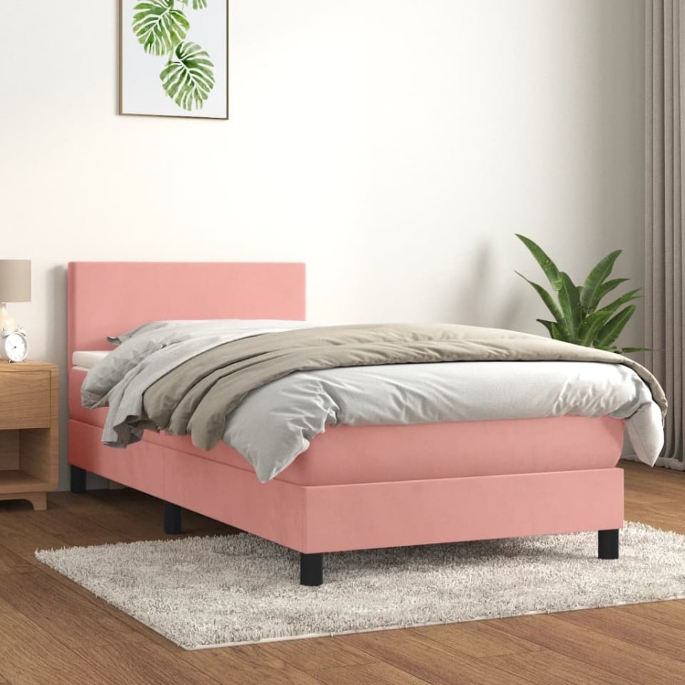 Pat box spring cu saltea, roz, 90x200 cm, catifea