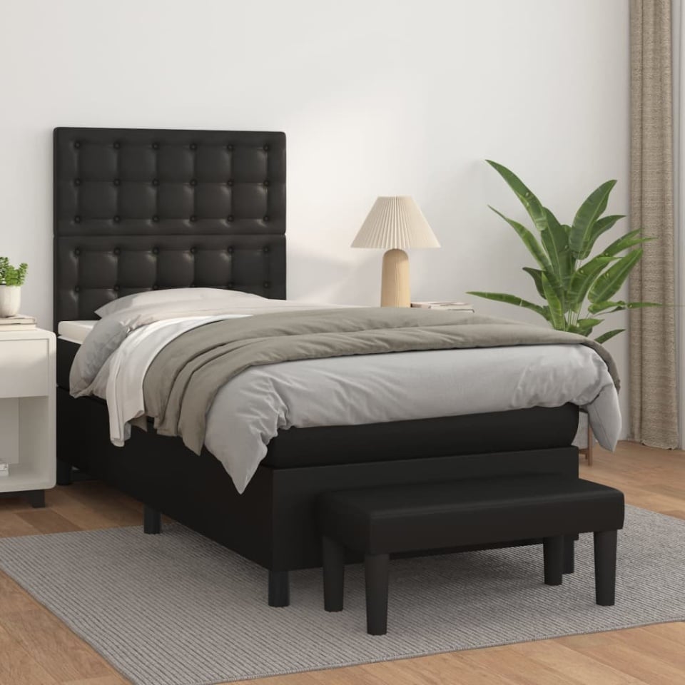 Pat continental cu saltea, negru, 80x200 cm, piele ecologică