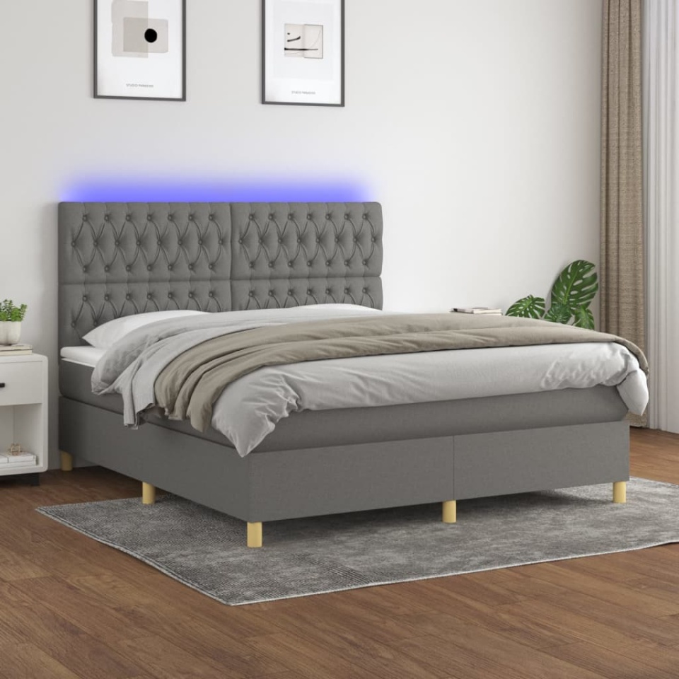 Pat cu arcuri, saltea și LED, gri închis, 180x200 cm, textil