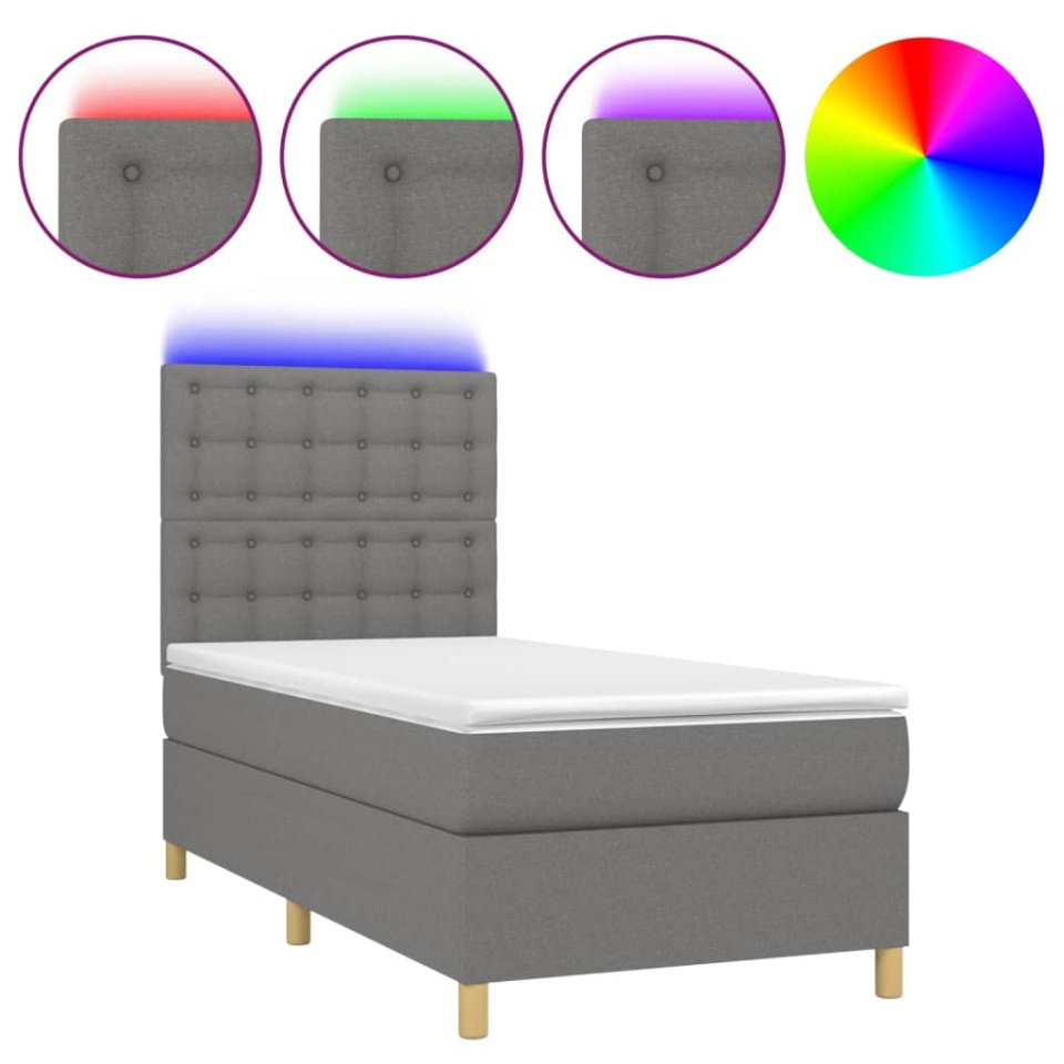 Pat cu arcuri, saltea și LED, gri închis, 90x190 cm, textil - 1 | YEO