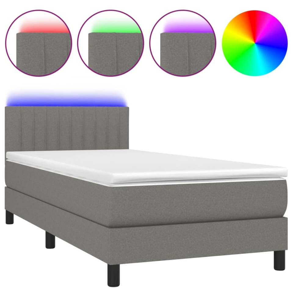 Pat cu arcuri, saltea și LED, gri închis, 90x190 cm, textil - 1 | YEO