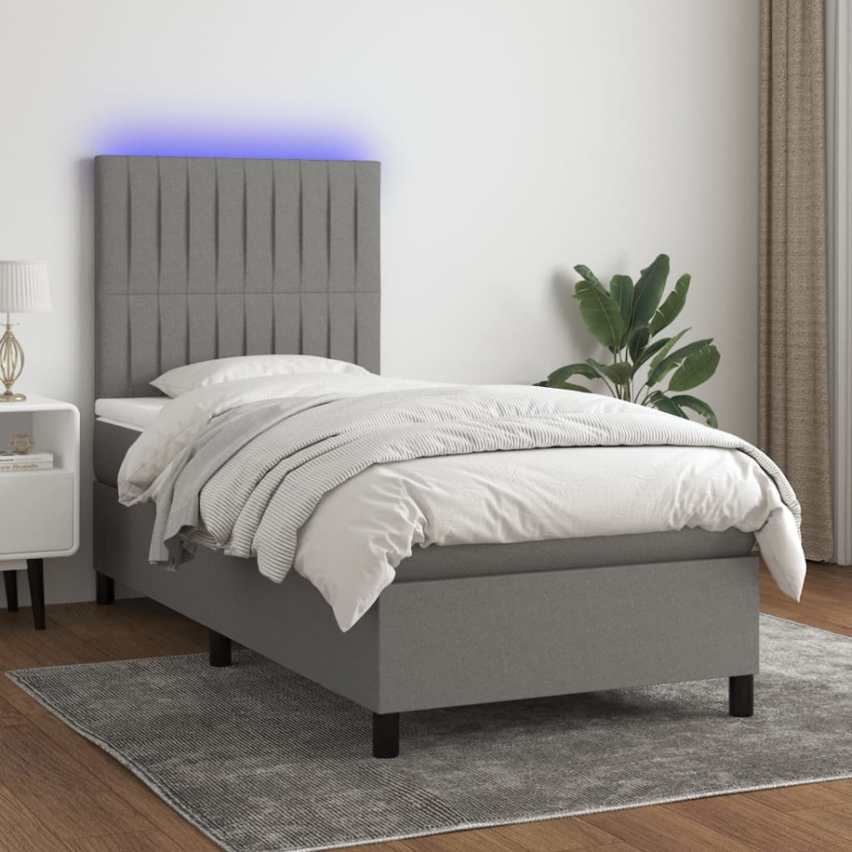 Pat cu arcuri, saltea și LED, gri închis, 90x190 cm, textil