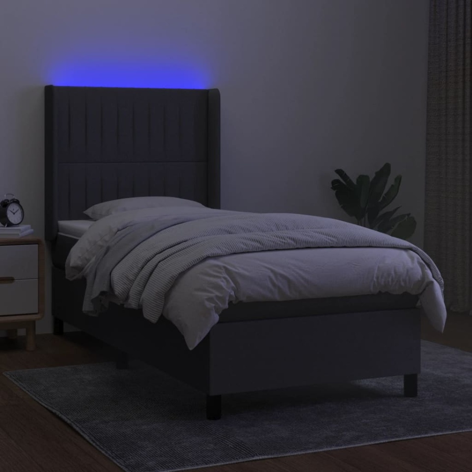 Pat cu arcuri, saltea și LED, gri închis, 90x190 cm, textil - 2 | YEO
