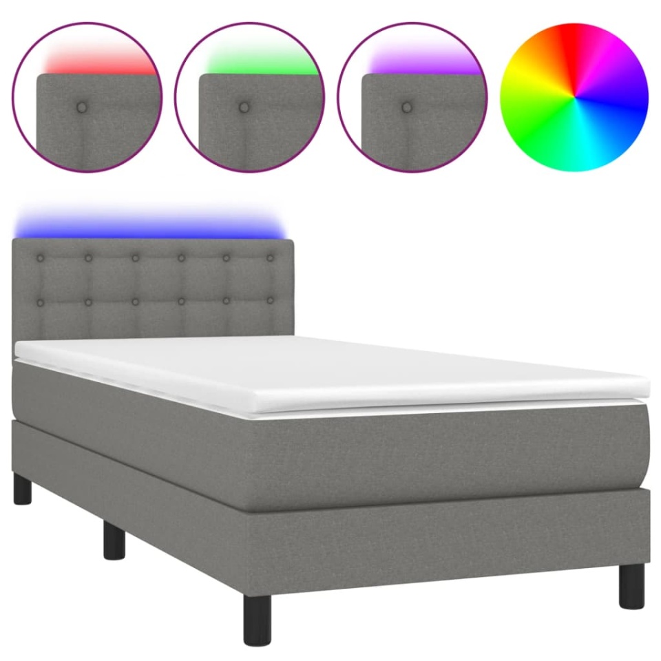 Pat cu arcuri, saltea și LED, gri închis, 90x190 cm, textil - 1 | YEO