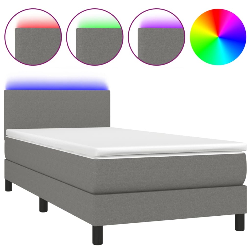 Pat cu arcuri, saltea și LED, gri închis, 90x190 cm, textil - 1 | YEO