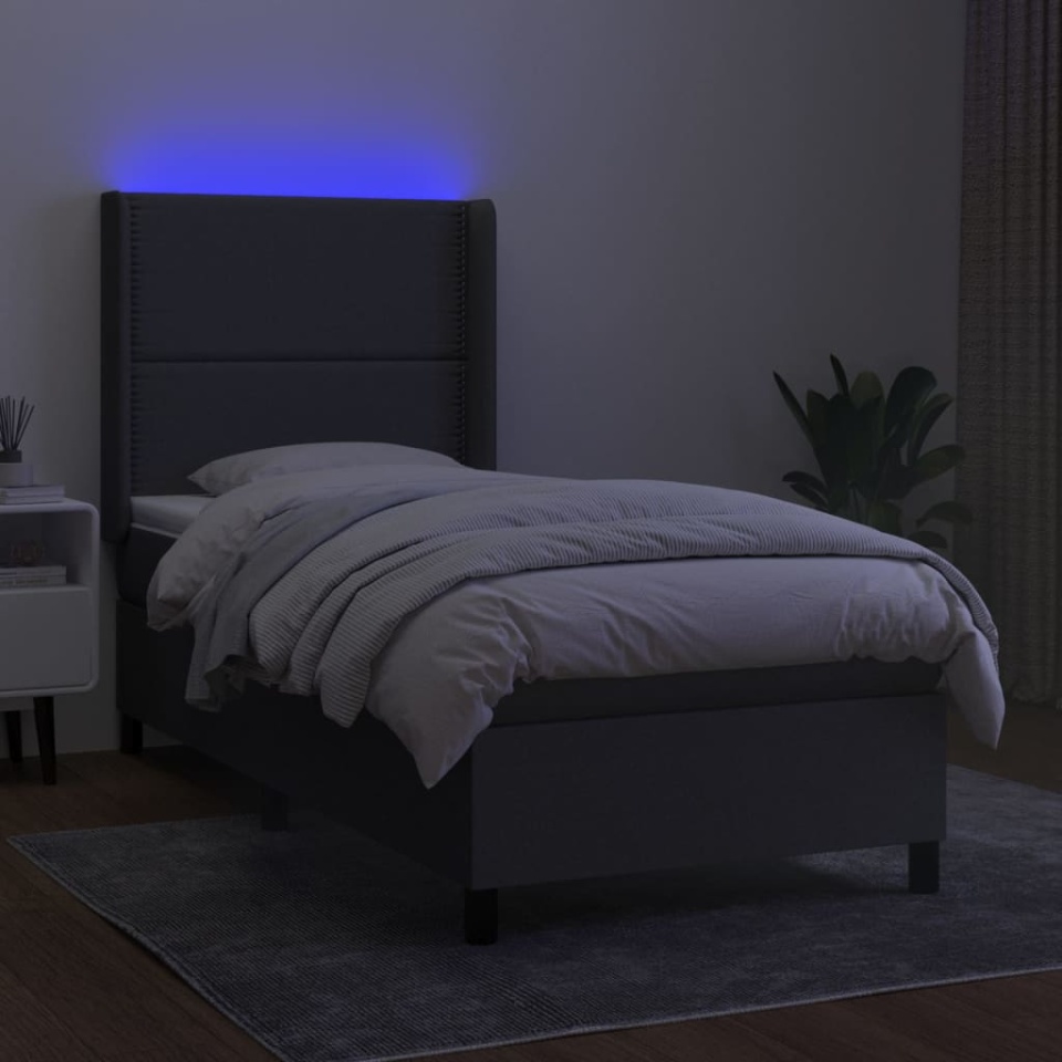 Pat cu arcuri, saltea și LED, gri închis, 90x190 cm, textil - 2 | YEO