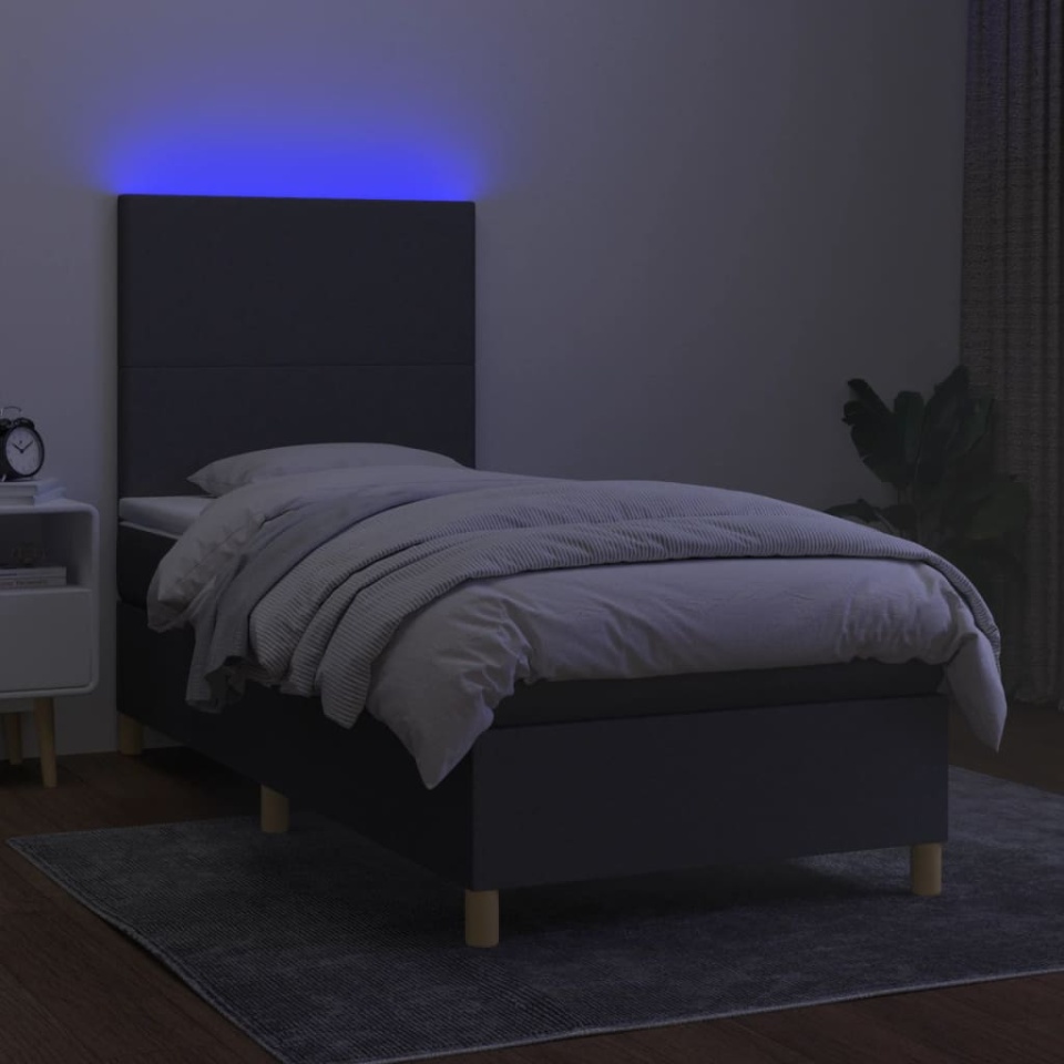 Pat cu arcuri, saltea și LED, gri închis, 90x200 cm, textil - 3 | YEO
