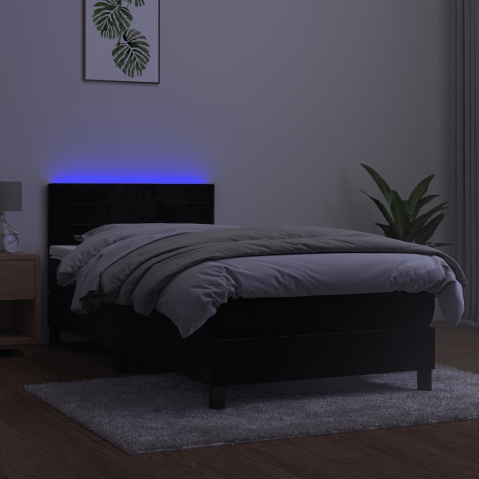 Pat cu arcuri, saltea și LED, negru, 100x200 cm, catifea - 3 | YEO