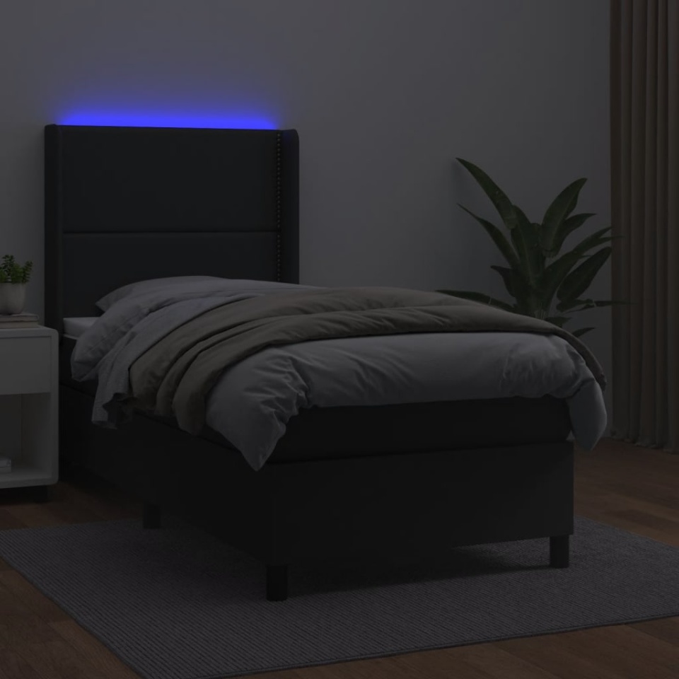 Pat cu arcuri, saltea și LED, negru, 100x200cm, piele ecologică - 2 | YEO